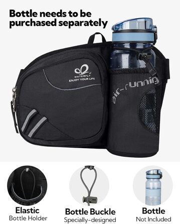 Спортивна поясна сумка Waterfly з тримачем для пляшки, чорна. Для бігу, велоспорту, кемпінгу, подорожей та інших активностей.