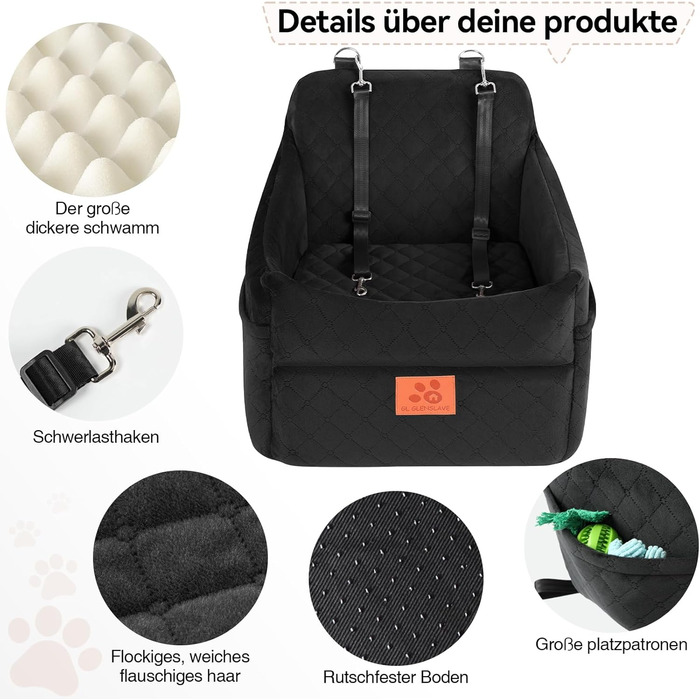 Автокрісло для собак GL GLENSLAVE: комфортне та безпечне автокрісло для маленьких та середніх собак (до 16 кг), чорний/коричневий, знімний, з товстою підкладкою