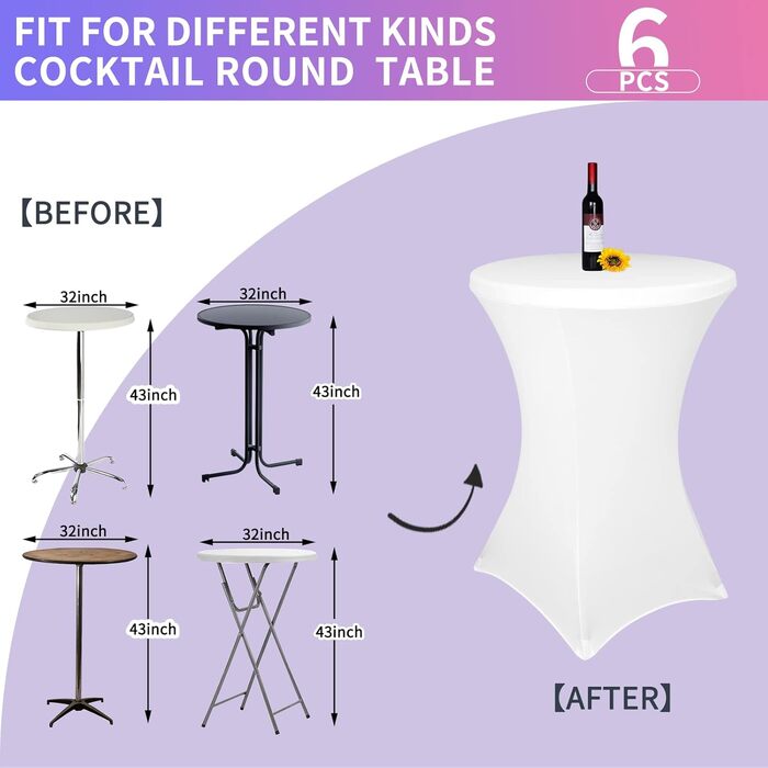 6 Piece Table Covers Table Spandex Stretch Tablecloth 80cm, for Bistro Table Ø 80-85 cm, For Round Table Wedding Birthday Party Banquet Table Decoration (80 cm, white)