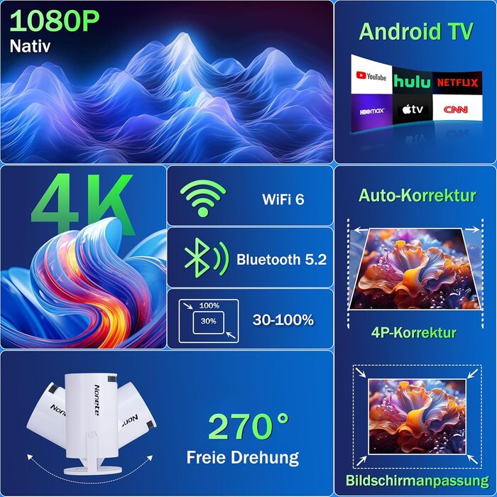 4K проєктор Beamer Full HD 1080P Mini з Wi-Fi 6 та Bluetooth 5.2, Android, портативний, 270° обертання, автоматична корекція трапеції, для PC/HDMI/USB, з мишкою та пультом, білий