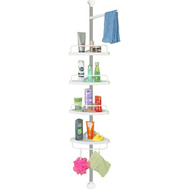 stardis Telescopic Corner Shelf, Stainless Steel, Rust-Proof with 4 Shelves, Shower Shelf, Telescopic Shelf for Shower, Bathroom, Shower Shelf, Height Adjustable from 120-300 cm, White