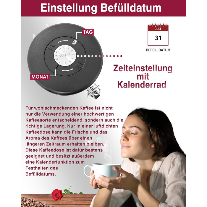 Контейнер для кави Kaffeedose 500г, нержавіюча сталь, 1,5л з дозатором та календарем, срібний