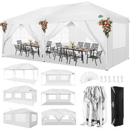 COBIZI Pop-up Pavilion 3x3, Folding Pavilion 3x3 Waterproof, Stable, Winterproof |8X Pegs|4X Wind Rope|UV Protection 50+|High Density Tarpaulin| Pavilion Foldable 3x3m Party Tent Foldable Pavilion 3x3 Garden Pavilion (White, 3x6m with 6 Side Walls)
