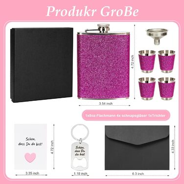 Персоналізований набір фляг 8oz з гравіюванням – фляга з нержавіючої сталі, 4 склянки, воронка та подарункова коробка для дружків, подарунок на весілля для чоловіків та жінок (Рожевий)
