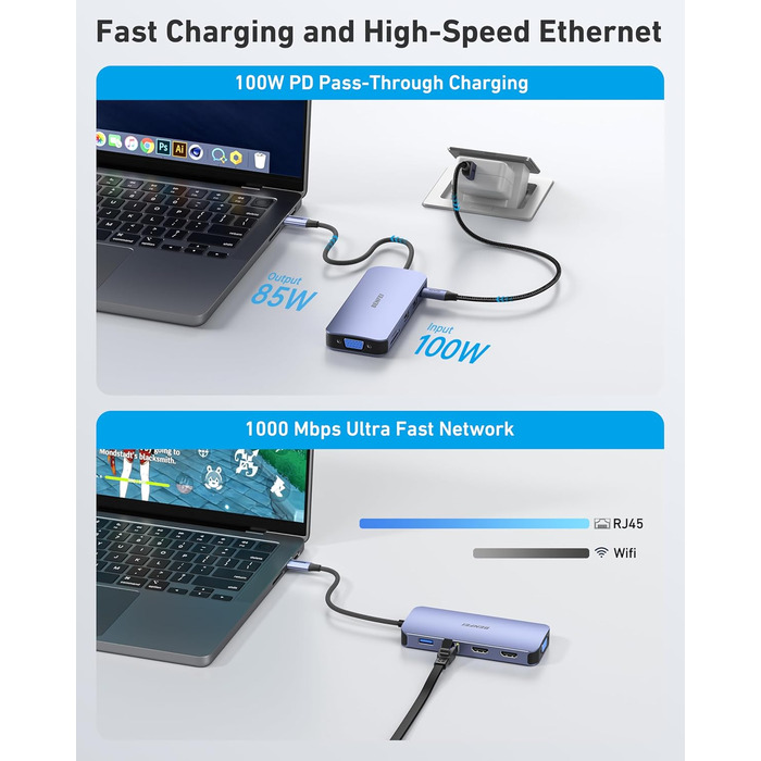 Док-станція BENFEI USB-C MST Hub - 11 в 1: 2HDMI 4K, VGA, 3 x USB 3.0, SD/TF, Ethernet, PD 100W, 3.5mm Aux для MacBook, XPS, Surface (Сірий)