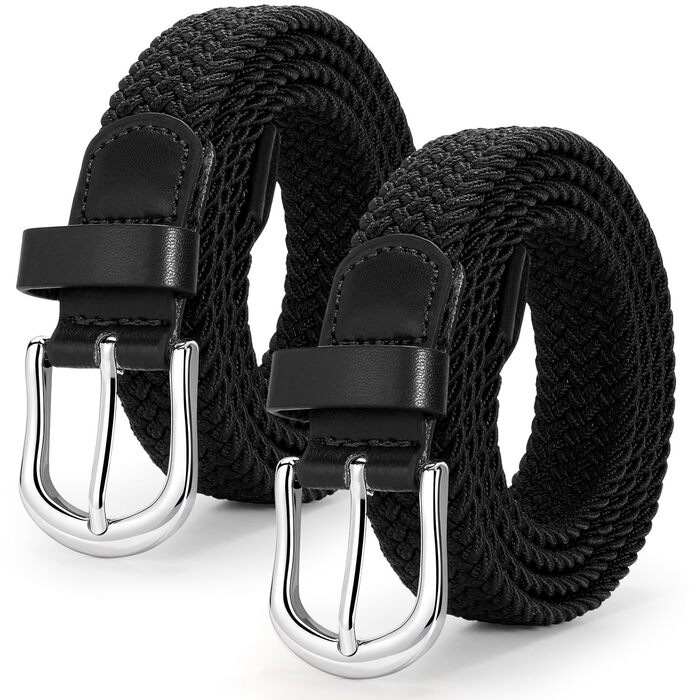 Жіночий плетеный еластичний пояс JASGOOD, льон, 2.5 см, 2 шт. (Чорний + Чорний, срібна пряжка) Розміри M (до 86 см) та XL (до 107 см)