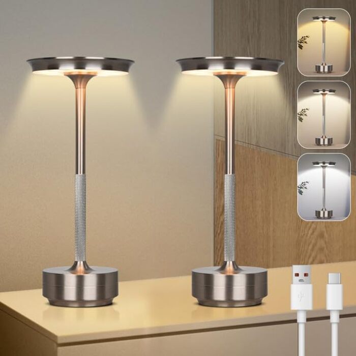 Rosnek LED лампа настільна акумуляторна, 3 режими кольору, регулювання яскравості, сенсорне управління, USB-C, металева, срібна, 2 шт.
