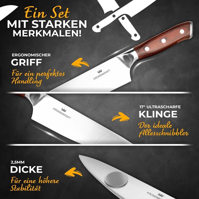 Набір кухонних ножів Kronenkraft 9-ти частинний з підставкою: шеф-ніж, ніж для хліба, сантоку, кухонний ніж, куряча шкребка, точилка. Зручний дерев'яний руків'я.