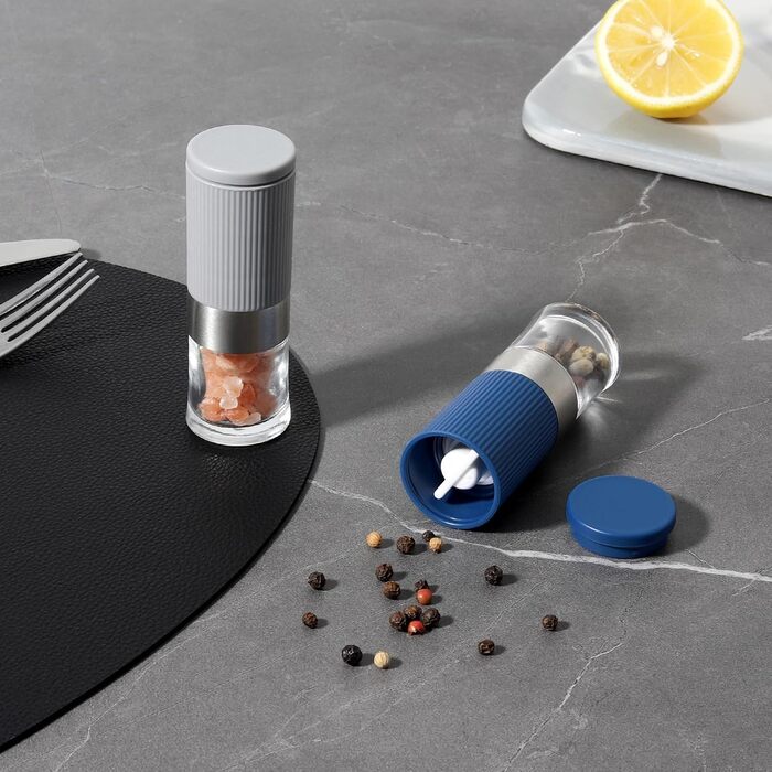 Набір міні-меленців для солі та перцю Vzaahu (2 шт.) з керамічним механізмом, кориця, регульована ступінь помелу, сірий та блакитний, портативні, багаторазові