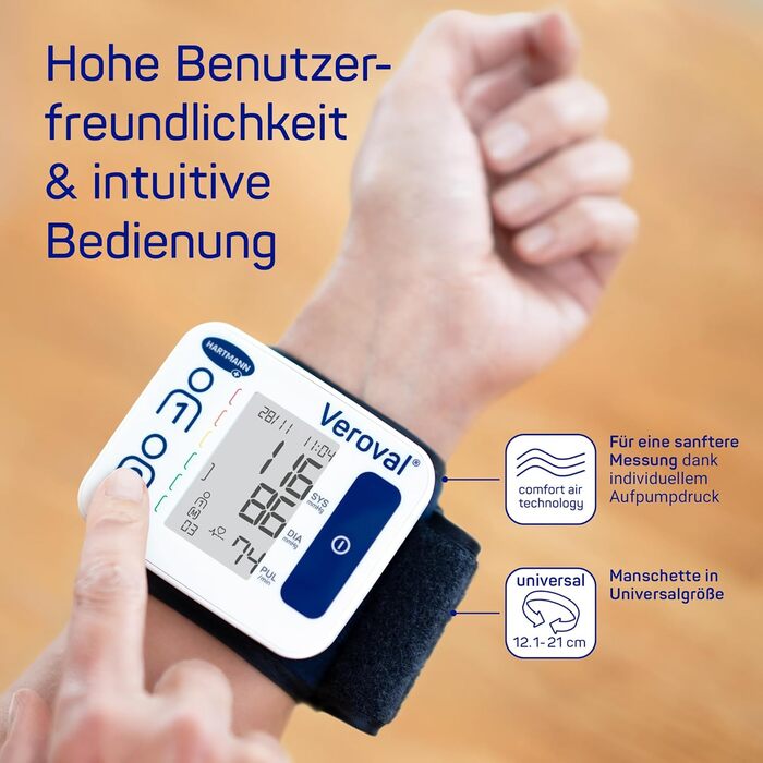 Вимірювач артеріального тиску Veroval Compact на зап'ясті - точний та швидкий, клінічно перевірений, визначає порушення серцевого ритму