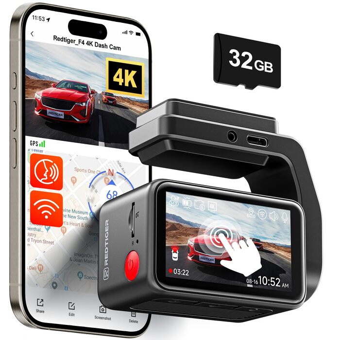 Відеореєстратор REDTIGER F4 4K для авто з Wi-Fi, нічною зйомкою та паркуванням, 32GB карта в комплекті