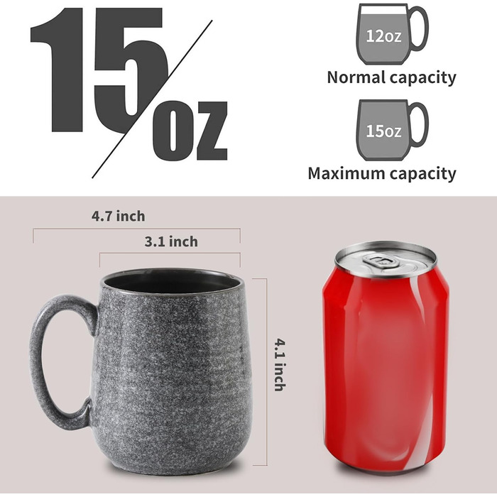 Набір кавових чашок Hasense, темно-сірий, 4 шт., 340 мл, для кави, чаю, молока, какао, з великою ручкою, придатні для миття в посудомийній машині та використання в мікрохвильовці