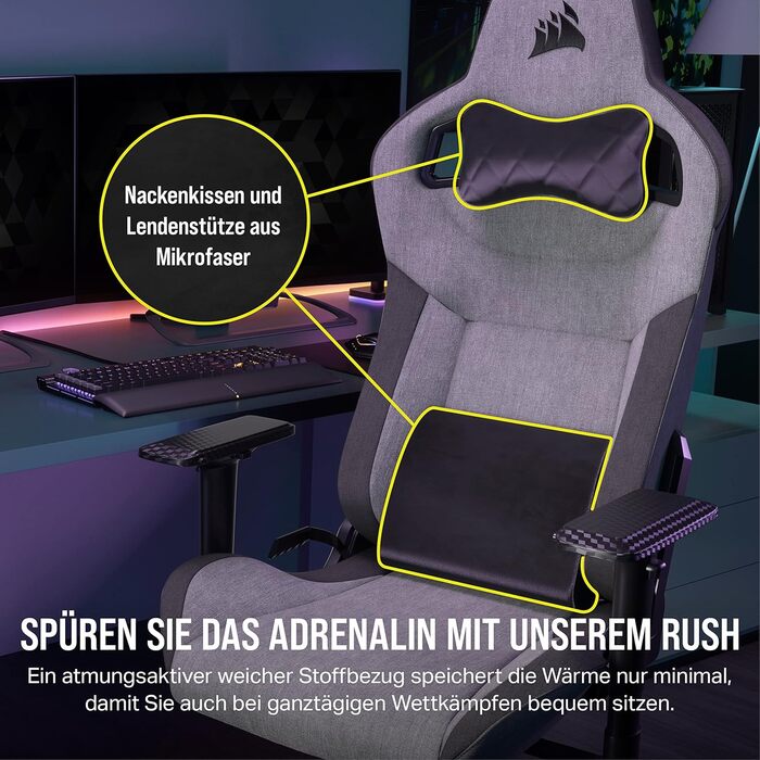 Ігрове крісло Corsair T3 RUSH Fabric 2023, автомобільний стиль, тканинне покриття, подушка для шиї, ортопедична підтримка попереку, сіре та антрацитове