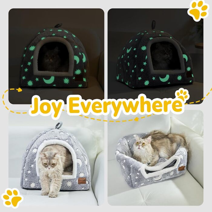 CATISM Cat Cave Cat Bed Glowing Cat House Cozy Cave Foldable Washable Comfortable Cat Sleeping Place for Cats Kittens Puppies with Removable Cat Head Pillow 40x40x38cm