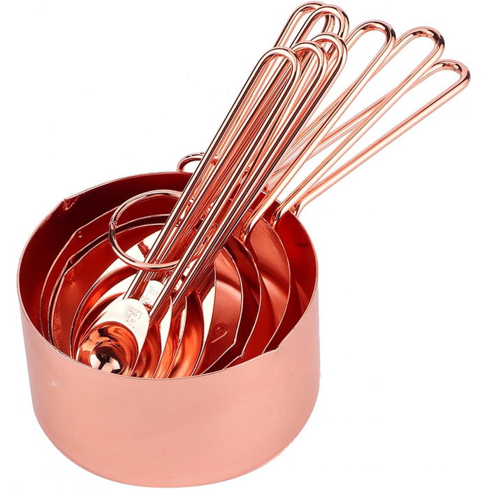 8-Piece Measuring Cup and Spoon Set, Stainless Steel Measuring Spoons with Buckle, Kitchen Baking Accessories for Milk-Tea Shops, Bars, Cafés, Kitchen Utensils (Color: Rose Gold)