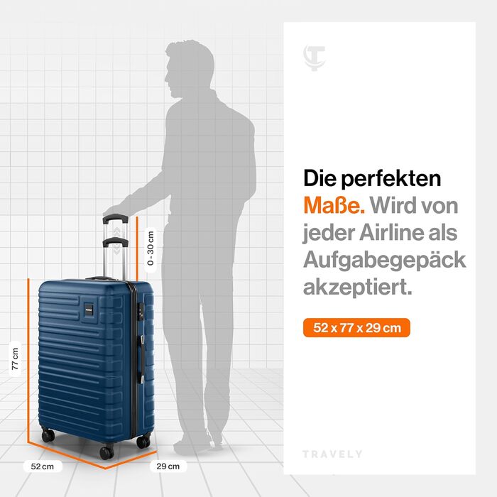 Чемодан Travely з полікарбонату, 77 см, XL, 100 л, з TSA замком, блакитний