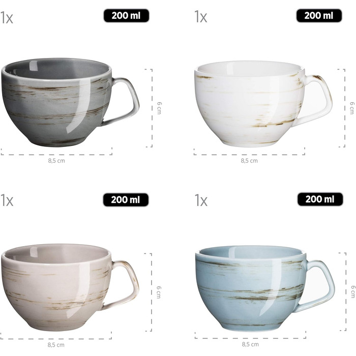 Набір кавових чашок MÄSER Derby Premium для 4 осіб, 240 мл, кераміка, пастельні кольори, керамічні підставки, гастрономічна якість