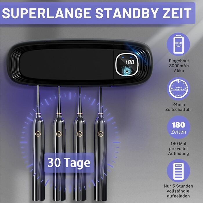 Стерилізатор зубних щіток UV Maxspace з підсвічуванням, настінний, 4 слоти, для ванної кімнати (білий/чорний)