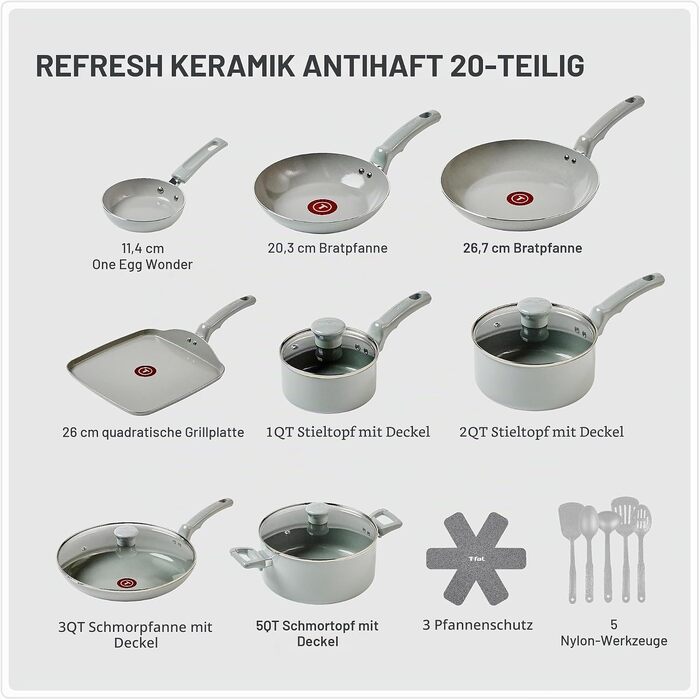 Набір керамічного посуду T-fal Refresh Antihaft, 20 предметів, Moon Grey: каструлі, сковорідки, гриль-сковорода, сотейник, кокотниця та кухонне приладдя, термостійкий до 100°C