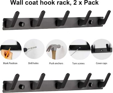 Coat Hooks, Wall Mount, Wall Coat Hooks, 5 Hooks, Black, Closet Hooks, Hat Shelf, Key Hooks for Wall, Jacket Holder Wall, Entryway Hooks Wall Mount, Clothes Rail (2 pieces)