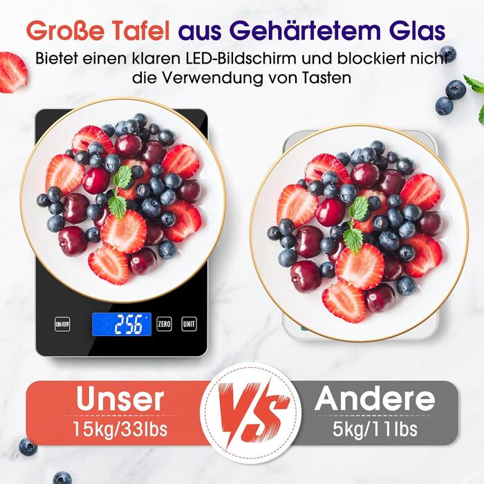 Кухонні ваги цифрові 15 кг, перезаряджувані, з LCD-дисплеєм та функцією тарування, водонепроникні, преміум-якість, чорний колір