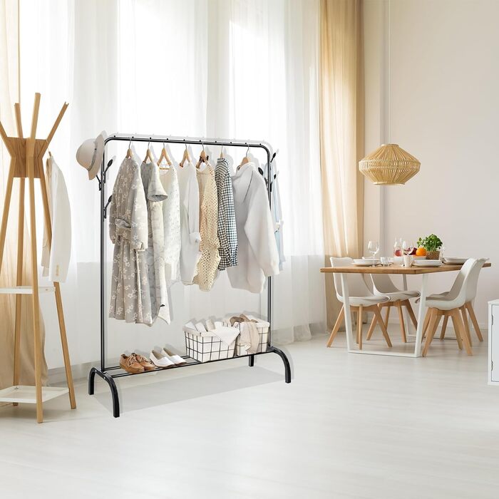 Стійка для одягу на підлозі, чорна, з полицею для взуття та нижньою полицею, металева, для спальні