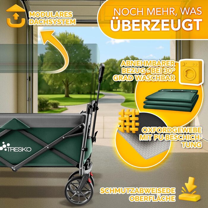 TRESKO® Вагончик-візок складний з дахом, кишеньою-холодильником та бічними шторками | Ручний візок, вантажопідйомність до 150 кг | Візок для перевезення з повного гумового покриття та гальмами (передні та задні) та 3-точкова система ременів безпеки (зелен