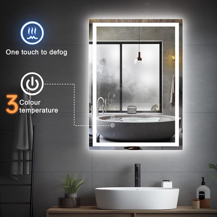 Дзеркало для ванної кімнати зі підсвічуванням 70x50 см, антизапар, сенсорне керування, 3 кольори світла, регулювання яскравості
