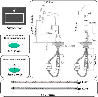 Чорний кухонний змішувач з висувною лійкою, 3 режими, LED-індикатор температури, поворотний на 360°, для високого тиску, регульована висота
