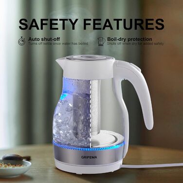 Електричний чайник GRIFEMA 0.8L, 1100W з фільтром від накипу, тихий, швидкий, BPA-Free, для подорожей, автоматичне вимкнення, захист від перегріву, білий (скло з ситом 1.7L)