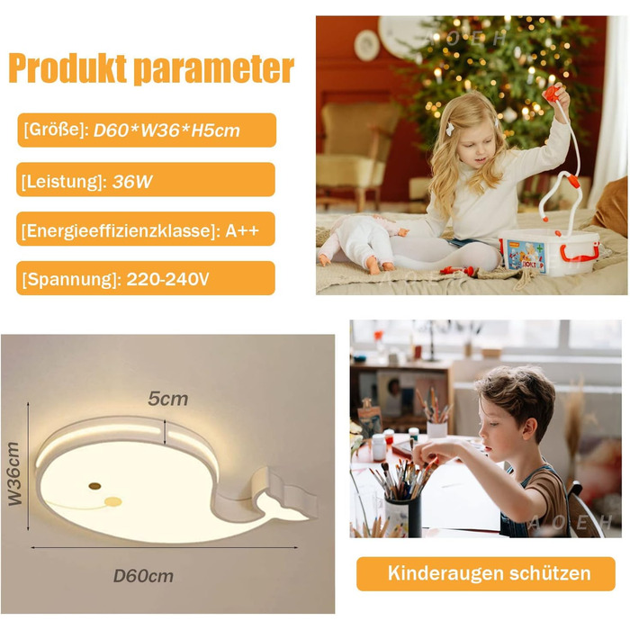 LED Ceiling Lamp Dolphin Shape Dimmable with Remote Control Boy Girl Baby Kids Children's Room Lamps Ceiling Children's Room Bedroom Lamp Room Lighting Chandelier, White, 50cm (White)