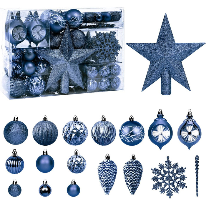 100 шт. прикраси для ялинки: кулі, верхівка, чорний колір, розбиваємі, підвісні, блакитний колір