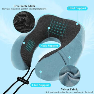 Подушка для шиї у вигляді їжачка Memory Foam для подорожей, дорослі, з навушниками, маскою для очей та сумкою, м'яка, дихаюча, для авто, літака, кемпінгу, офісу, блакитна