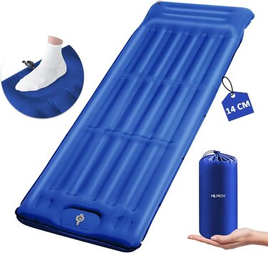 MILFECH Килимок для кемпінгу самонадувний, 14 см, з інтегрованими подушками та насосом для ніг, ультралегкий, водонепроникний, для відпочинку на природі, зелений (блакитний)