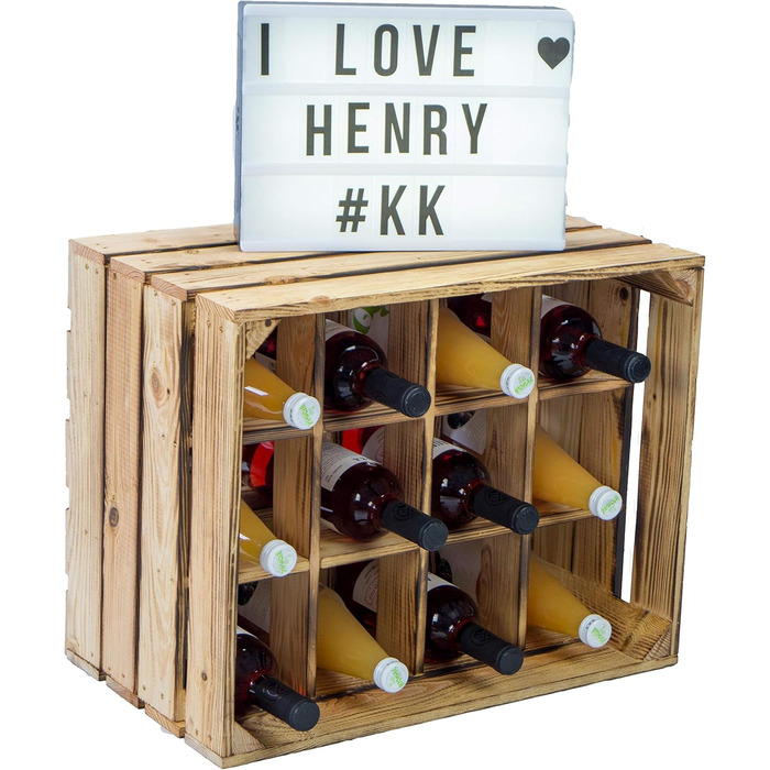Kistenkolli Old Country Wine Rack Henry Flamed, Dimensions approx. 50x40x30cm, Stackable, Narrow Bottle Rack Wood/Wine Rack (Flamed)