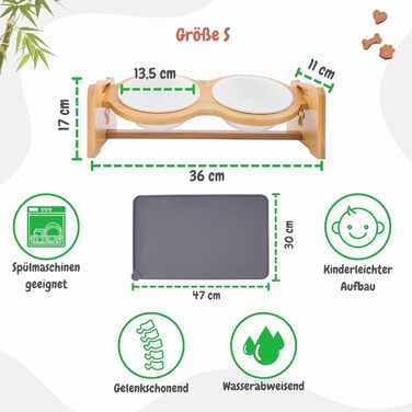 Petzy Преміум годівниця для собак та котів з кераміки, 350 мл, регульована висота, бамбукова підставка, антиковзаюча, сіра