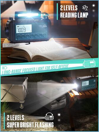 Радіо на сонячній батареї та ручному заводі Kurbelradio 12000 mAh з LED ліхтарем, AM/FM/SW, для надзвичайних ситуацій, чорний