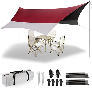 Тент Forceatt Zeltplane 3.7x4.3 м, Ultraleicht, 6 кріплень, Анти-UV, Водонепроникний. Для кемпінгу, піших прогулянок та відпочинку на природі. Темно-синій & сірий (Червоний & сірий)