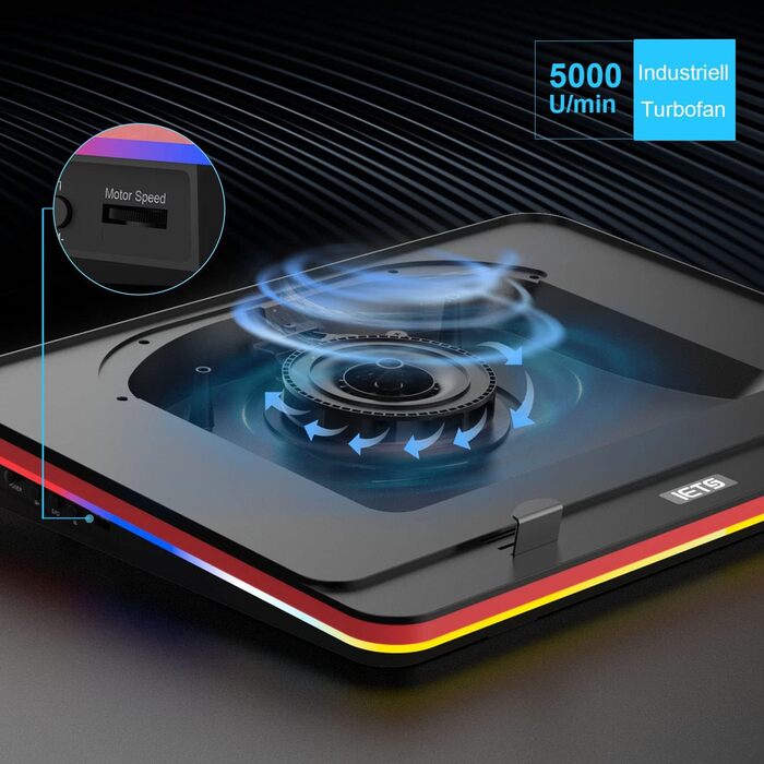 IETS GT500: Потужний охолоджувач для ноутбука з турбо-вентилятором (4200 RPM) з регулюванням швидкості, для ігор, 13-17,3 дюймів, з фільтром пилу (V2(RGB+HUB))