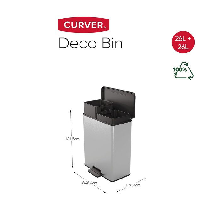 Сміттєвий кошик Curver Deco Bin, пластиковий, 65 л, сріблястий
