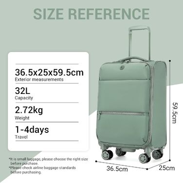 Чемодан Miss Lulu Handgepäck, 59.5 x 36.5 x 25 см, зелений, 32 л, з відділенням для мокрого одягу, на 4 колесах, для подорожей та бізнесу