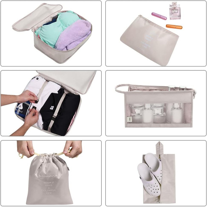 Органайзер для валізи OSDUE, набір 9 шт: кубики для пакування, водонепроникні сумки для одягу, косметичка, кишеня для USB-кабелів (бежевий)