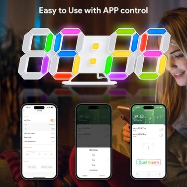 EDUP HOME 3D LED Alarm Clock Digital, 9.7 Inch 7 Colors Silent Snooze USB 12/24 Hour Date Temperature with RGB, APP Control and Remote Control Clock for Bedroom/Living Room/Office
