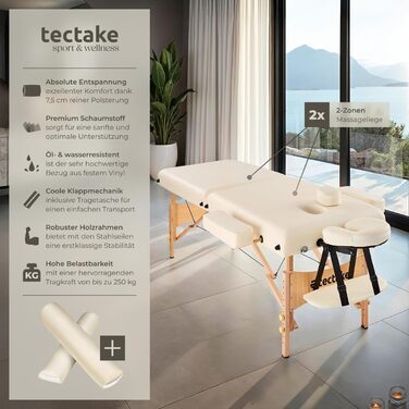 Масажне ліжко Tectake 2 зони, складане, з 7,5 см підкладкою, мобільне, з підголівником та підлокітниками, масажна банка з дерев'яними ніжками, 2 ролики, сумка для перенесення - бежеве