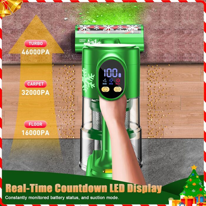 Бездротовий акумуляторний пилосос 48KPa/500W/55хв з LED-дисплеєм та зарядною станцією, для прибирання шерсті тварин, килимів, твердих поверхонь та авто, колір: зелений