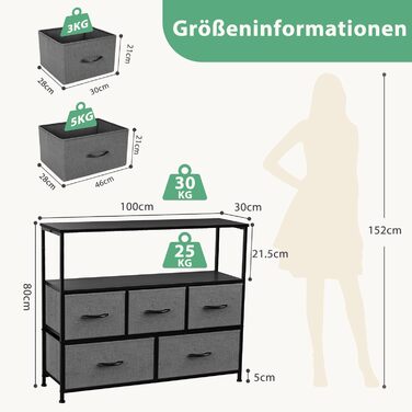 DUMOS Chest of Drawers with Drawers - Chests of Drawers & Sideboards for Bedrooms. Suitable, Chest of Drawers with 9 Drawers, Fabric Chest of Drawers with Sturdy Steel Frame, Ideal for Bedrooms, Living Rooms (Black) (5 TV Drawers Gray)