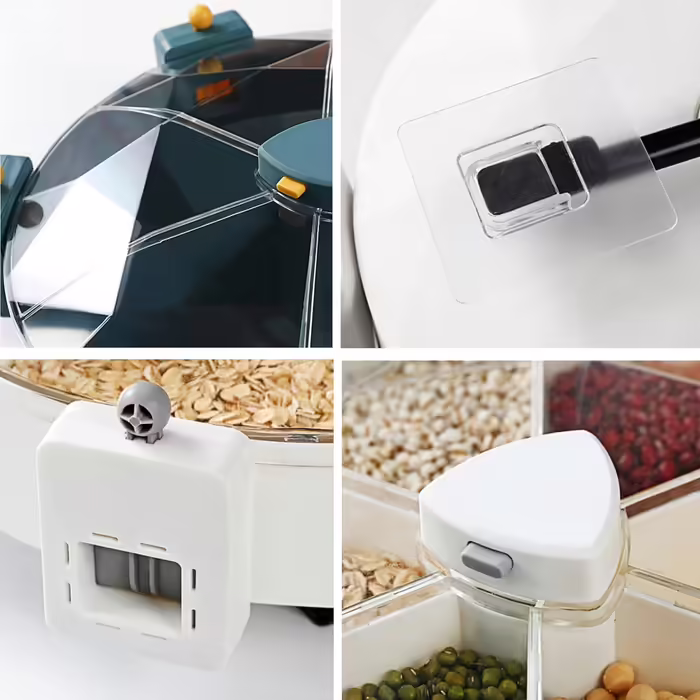 Rotating rice and grain dispenser, for kitchen, wall-mounted, for dry food, storage container for beans, white color, practical food dispenser.