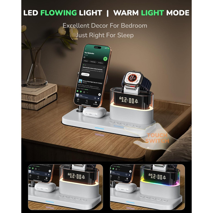 Багатофункціональна бездротова зарядка 5 в 1 з годинником для Apple iPhone, Apple Watch, AirPods (біла)