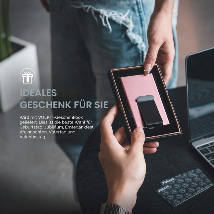 Мінімалістичний гаманець для карток VULKIT з RFID-захистом та Pop-Up механізмом, тонкий кредитний картхолдер з грошовою затискачкою (Колір: Rose Gold)