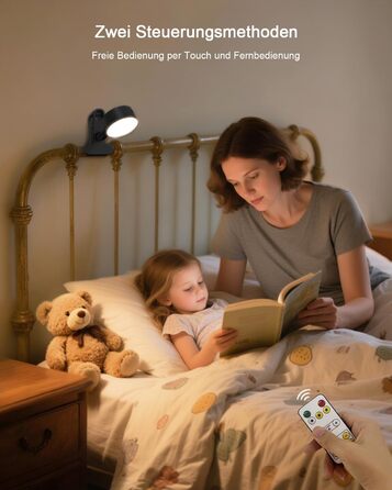 Нічник на ліжко акумуляторний бездротовий з USB-C, 5000mAh, з кліпсою, димуючий сенсорний пульт, 3 кольори, поворотний на 360°, для спальні, кемпінгу, чорний